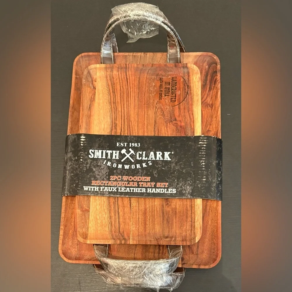 Smith & Clark Rustic Wooden Serving Trays with Handle Decorative  2 Pcs